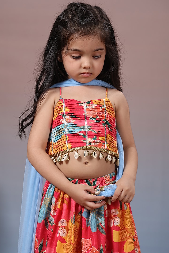 Red Muslin Floral Printed Lehenga Set For Girls by Casa Ninos at Pernia's Pop Up Shop