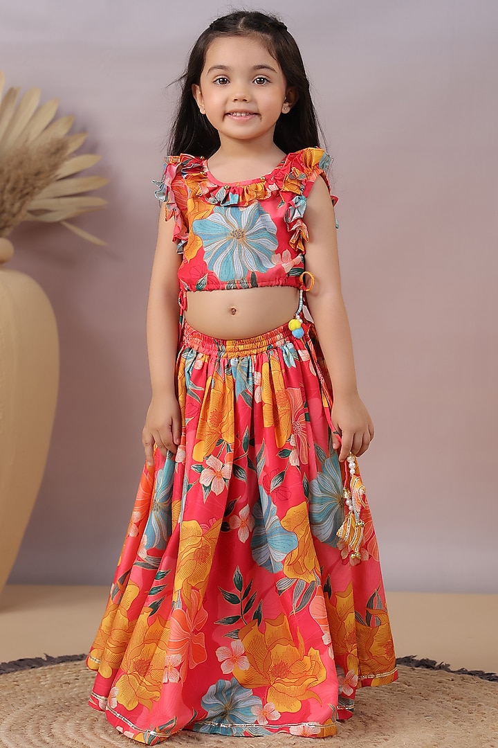 Red Muslin Floral Printed Lehenga Set by Casa Ninos at Pernia's Pop Up Shop