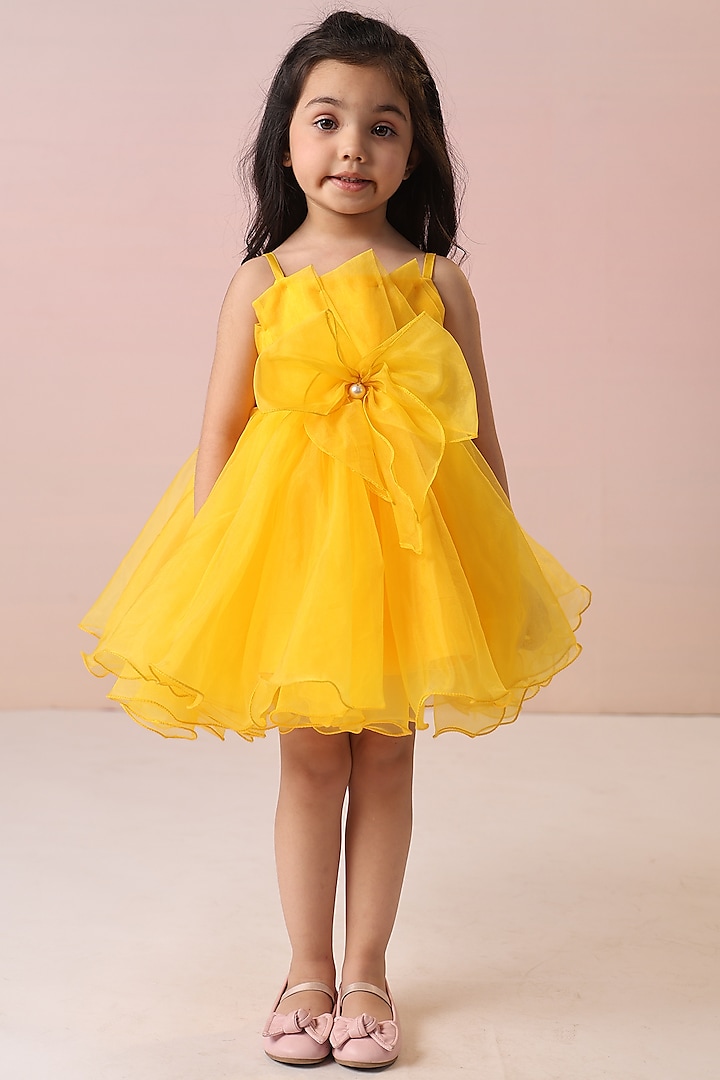 Yellow Organza & Butter Crepe Layered Dress For Girls by Casa Ninos