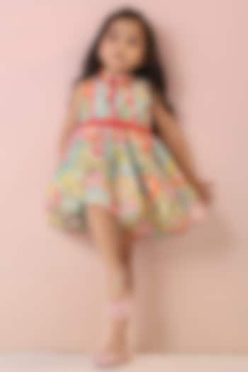 Multi-Colored Chanderi & Satin Floral Printed Dress For Girls by Casa Ninos at Pernia's Pop Up Shop