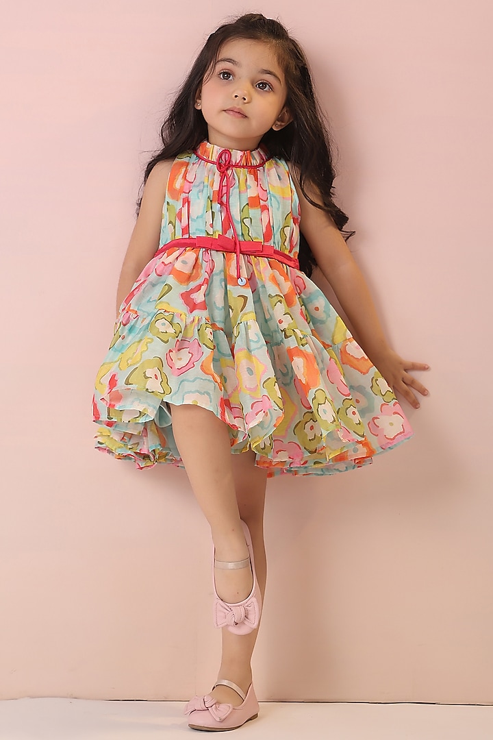 Multi-Colored Chanderi & Satin Floral Printed Dress For Girls by Casa Ninos at Pernia's Pop Up Shop