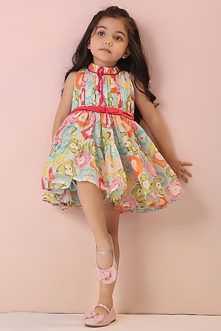 Multi-Colored Chanderi & Satin Floral Printed Dress For Girls by Casa Ninos