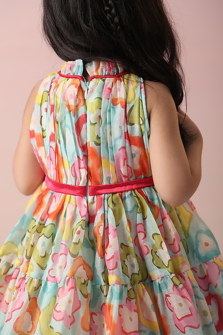 Multi-Colored Chanderi & Satin Floral Printed Dress For Girls by Casa Ninos at Pernia's Pop Up Shop