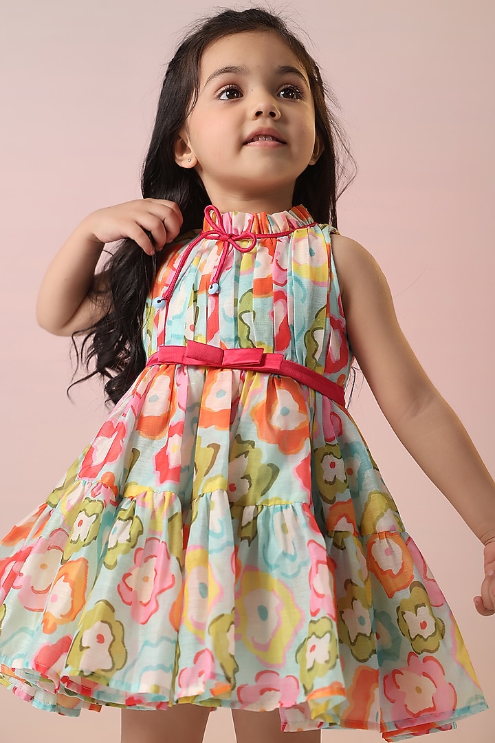 Multi-Colored Chanderi & Satin Floral Printed Dress For Girls by Casa Ninos at Pernia's Pop Up Shop