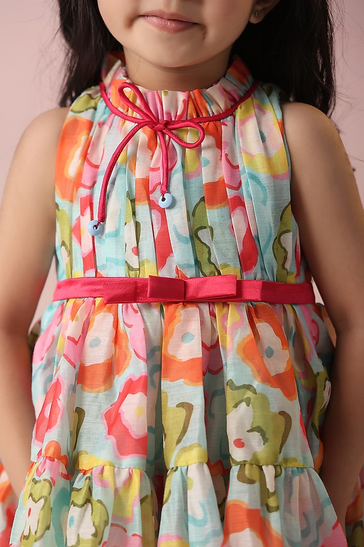 Multi-Colored Chanderi & Satin Floral Printed Dress For Girls by Casa Ninos at Pernia's Pop Up Shop
