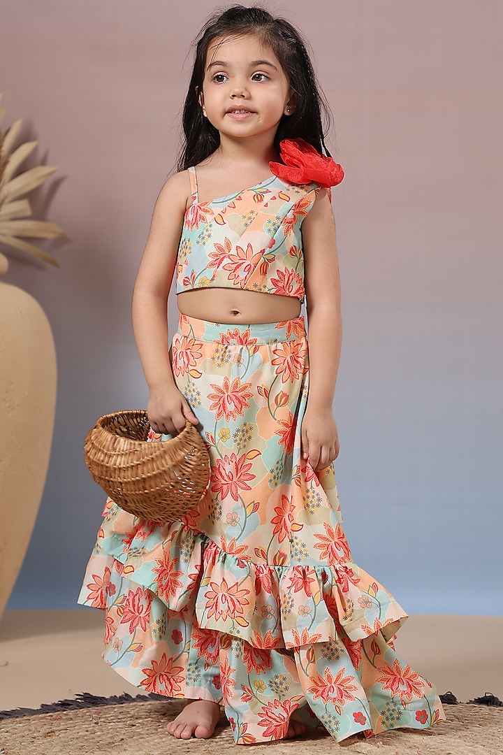 Multi-Colored Muslin Floral Printed Layered Lehenga Set For Girls by Casa Ninos at Pernia's Pop Up Shop