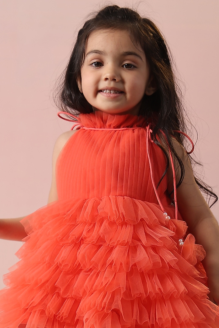Peach Net Layered Dress For Girls by Casa Ninos at Pernia's Pop Up Shop