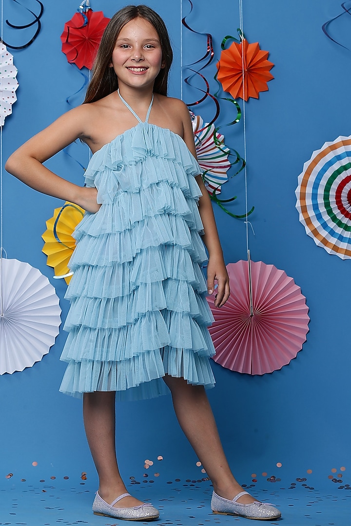 Blue Net Ruffled Midi Dress For Girls by Casa Ninos
