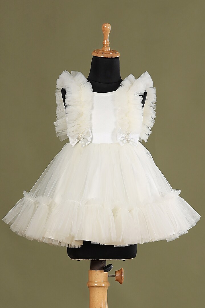 Off-White Satin Frilled Dress For Girls by Casa Ninos
