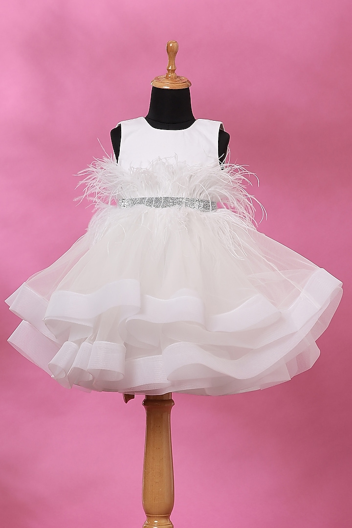 White Net Dress With Belt For Girls by Casa Ninos