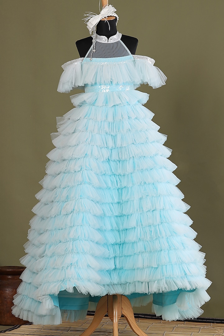 Light Blue Net Frilled Dress For Girls by Casa Ninos