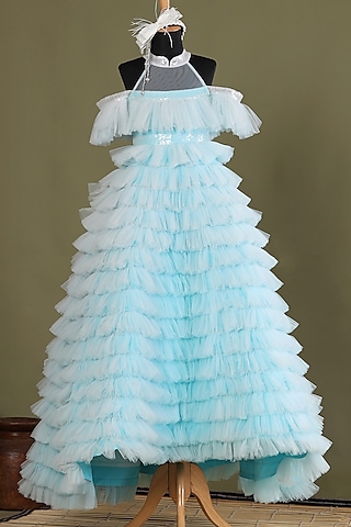 Light Blue Net Frilled Dress For Girls by Casa Ninos