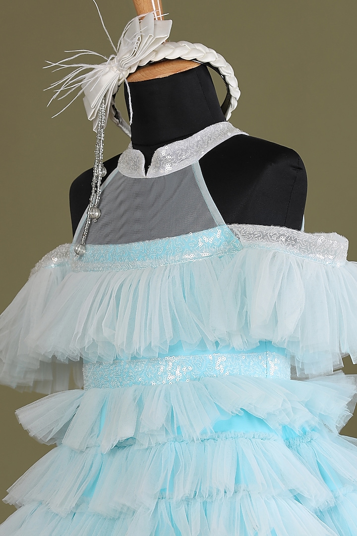 Light Blue Net Frilled Dress For Girls by Casa Ninos at Pernia's Pop Up Shop