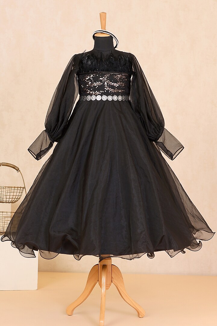 Black Organza Embroidered Gown For Girls by Casa Ninos