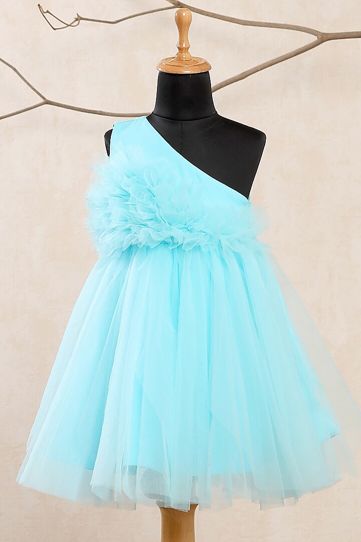 Blue Net Embellished Dress For Girls by Casa Ninos