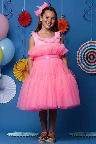 Pink Cotton Frilled Dress For Girls by Casa Ninos