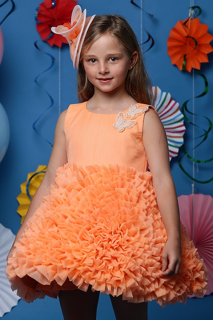 Orange Organza Frilled Dress For Girls by Casa Ninos