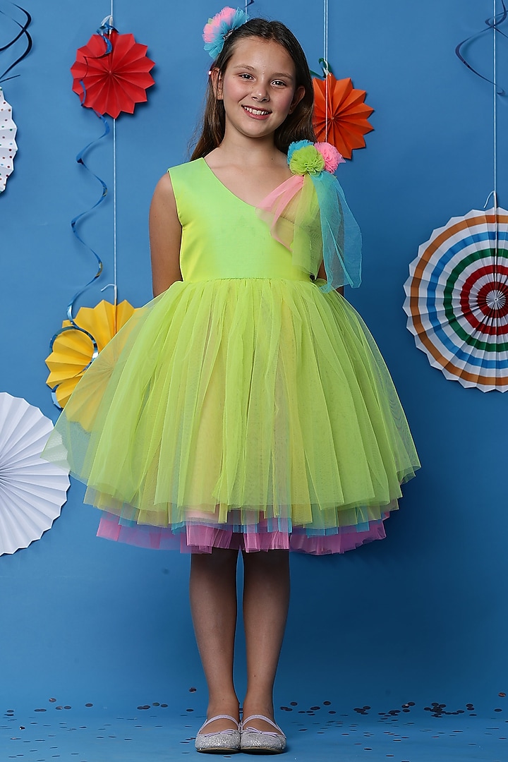 Neon Green Silk Layered Dress For Girls by Casa Ninos
