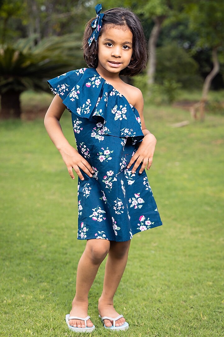 Blue Floral Printed Dress For Girls by Casa Ninos