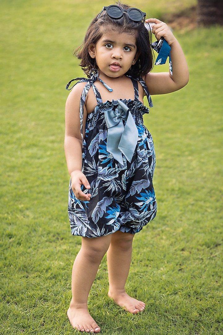 Black Floral Printed Playsuit For Girls by Casa Ninos at Pernia's Pop Up Shop
