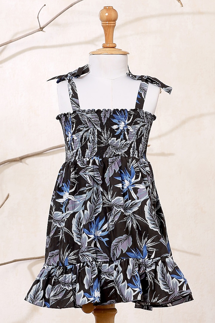 Blue & Black Cotton Printed Dress For Girls by Casa Ninos