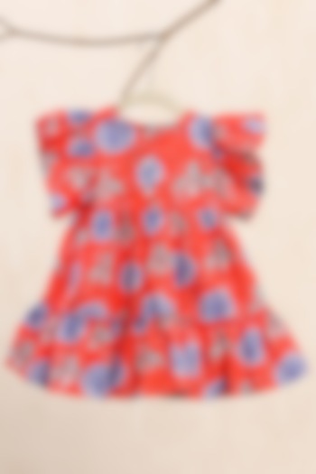Red Cotton Printed Dress For Girls by Casa Ninos