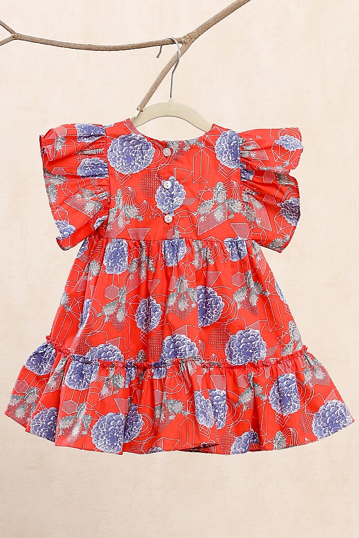 Red Cotton Printed Dress For Girls by Casa Ninos
