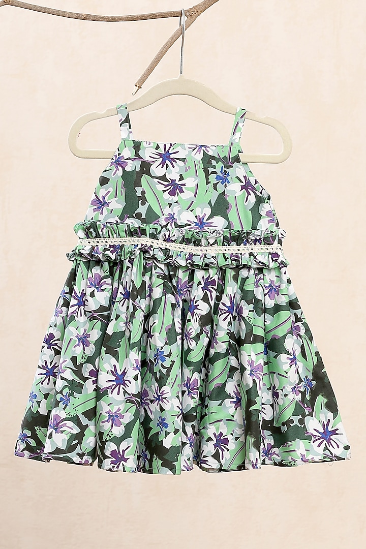 Green Tropical Printed Dress For Girls by Casa Ninos