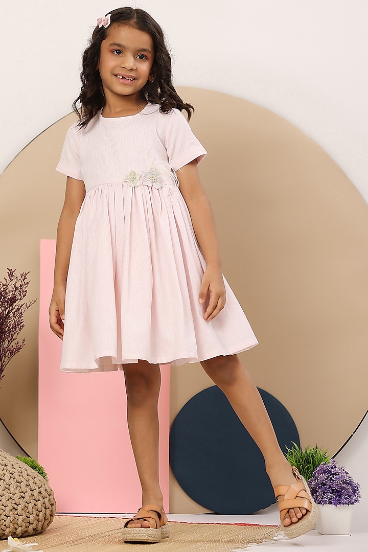 Baby Pink Linen Dress For Girls by Casa Ninos