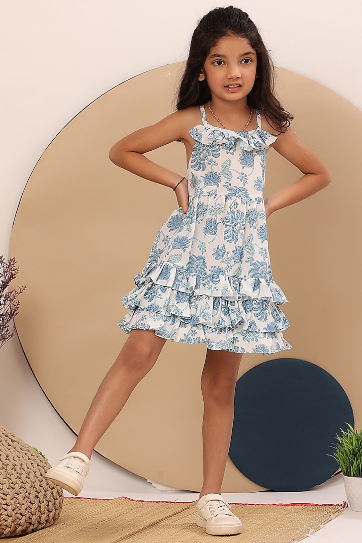 White & Blue Printed Dress For Girls by Casa Ninos
