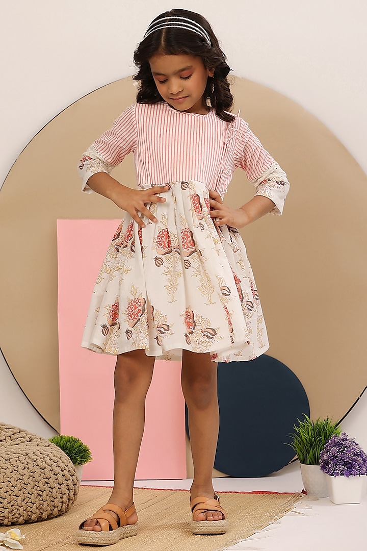 Pink & Off-White Printed Dress For Girls by Casa Ninos
