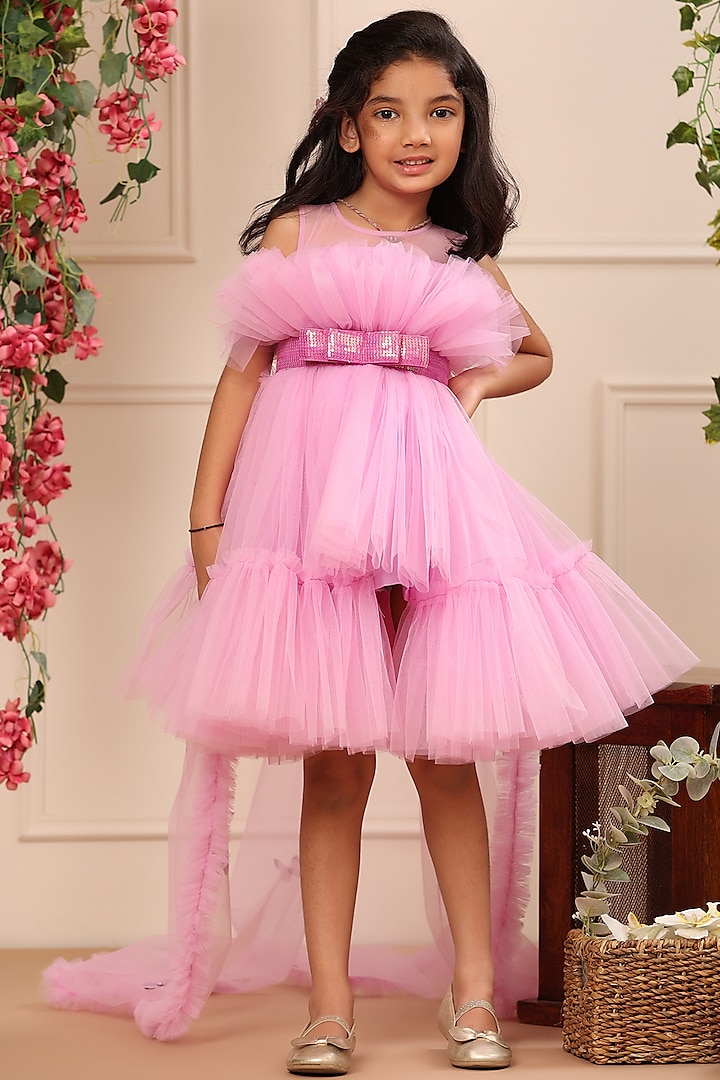 Pink High-Low Dress For Girls by Casa Ninos