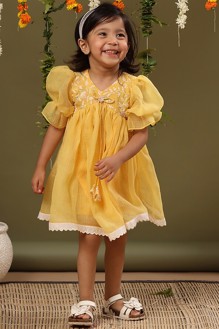 Yellow Embroidered Dress For Girls by Casa Ninos