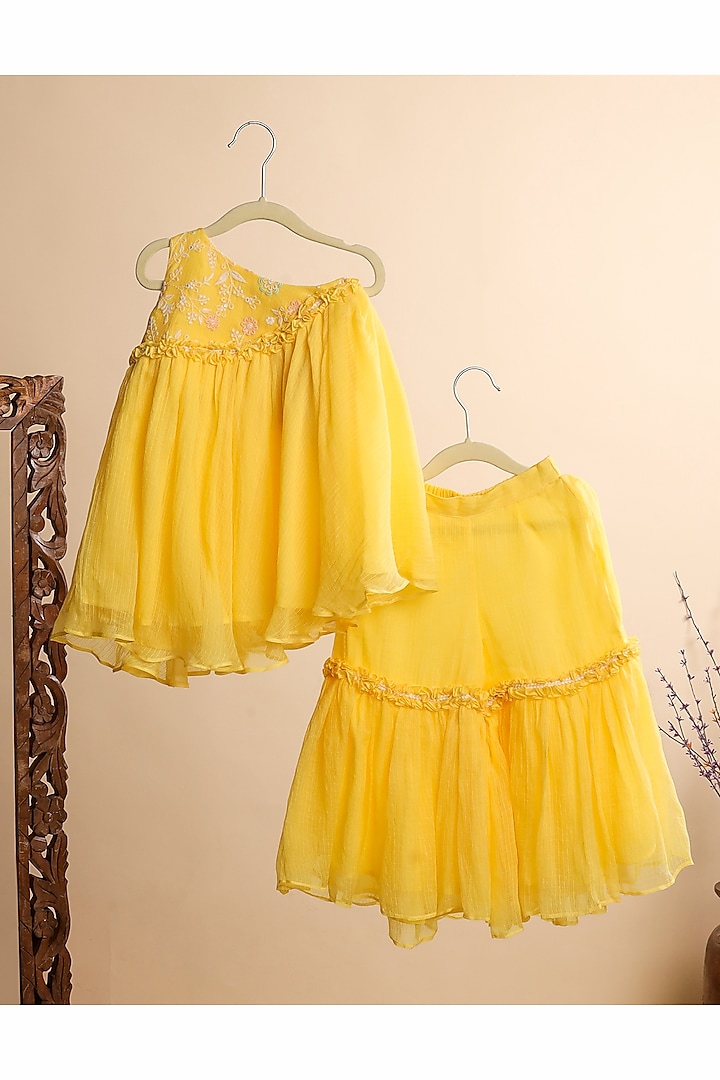 Yellow Kota Checks Embroidered Sharara Set For Girls by Casa Ninos at Pernia's Pop Up Shop