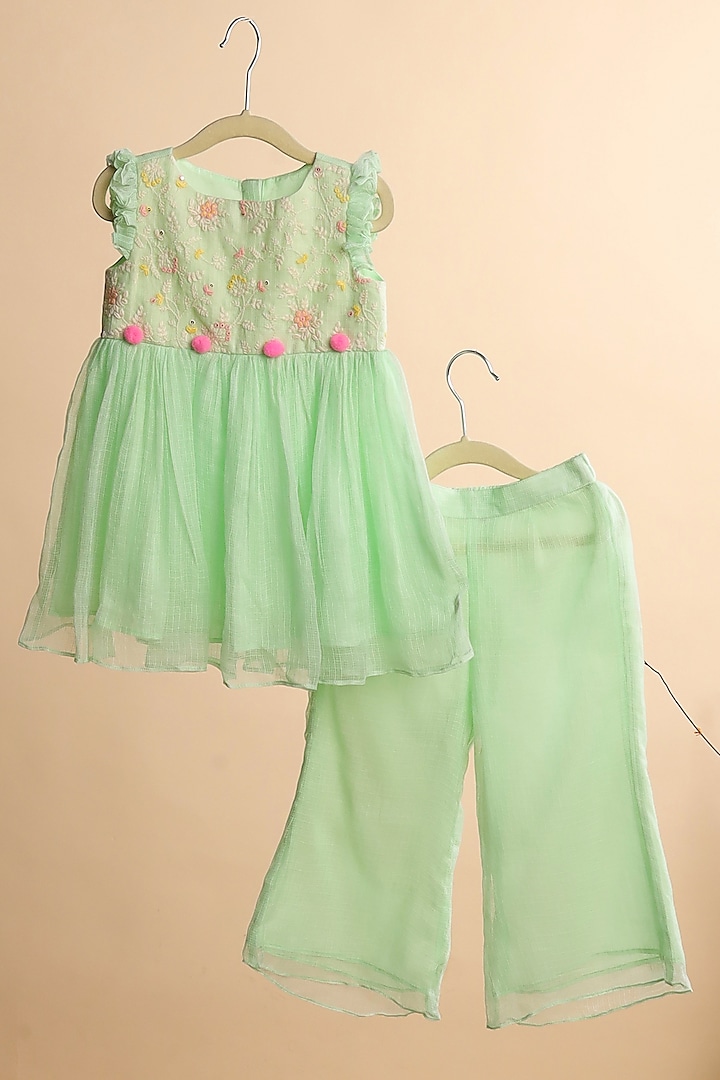 Mint Green Kota Checks Embroidered Kurta Set For Girls by Casa Ninos at Pernia's Pop Up Shop