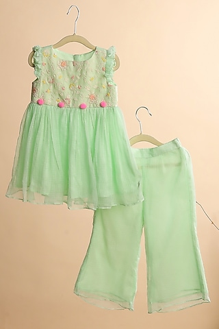 Mint Green Kota Checks Embroidered Kurta Set For Girls by Casa Ninos