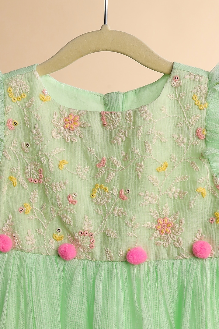 Mint Green Kota Checks Embroidered Kurta Set For Girls by Casa Ninos at Pernia's Pop Up Shop