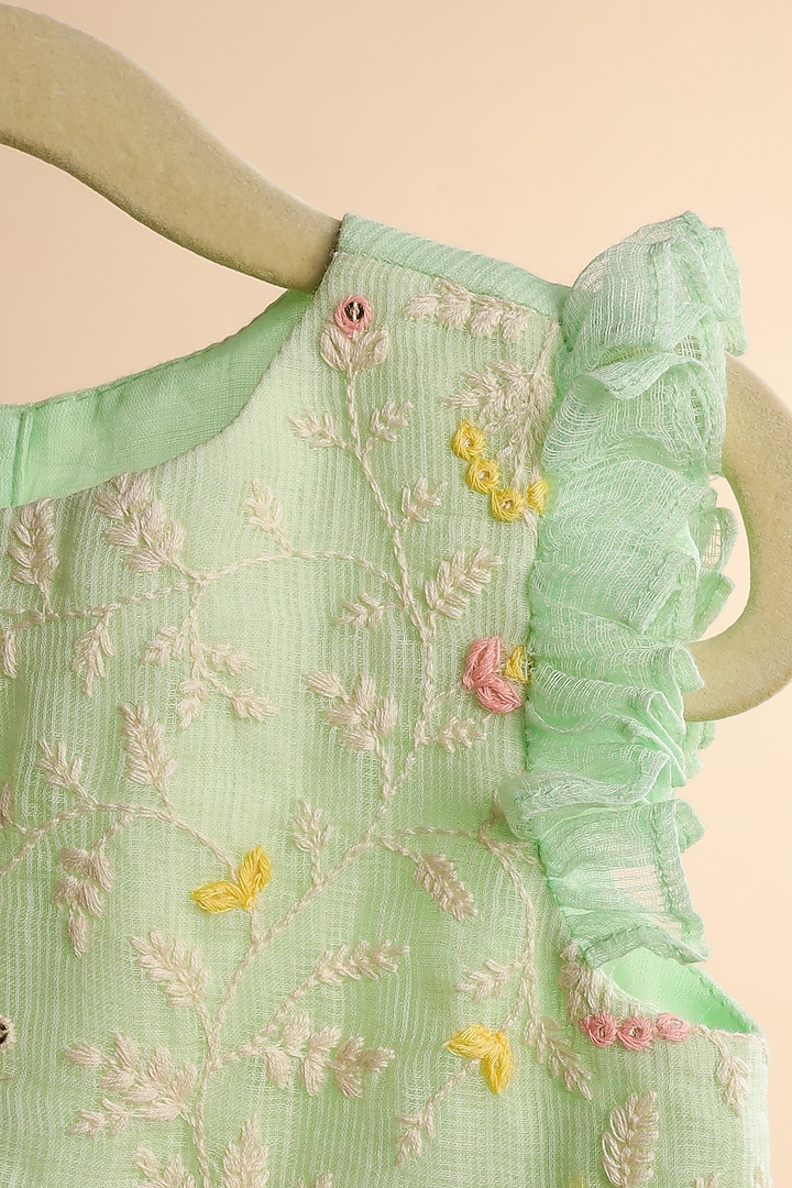 Mint Green Kota Checks Embroidered Kurta Set For Girls by Casa Ninos at Pernia's Pop Up Shop