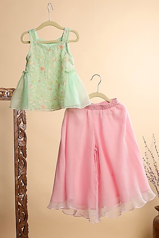Mint Green Kota Checks Embroidered Kurta Set For Girls by Casa Ninos