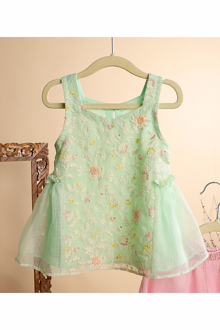 Mint Green Kota Checks Embroidered Kurta Set For Girls by Casa Ninos at Pernia's Pop Up Shop