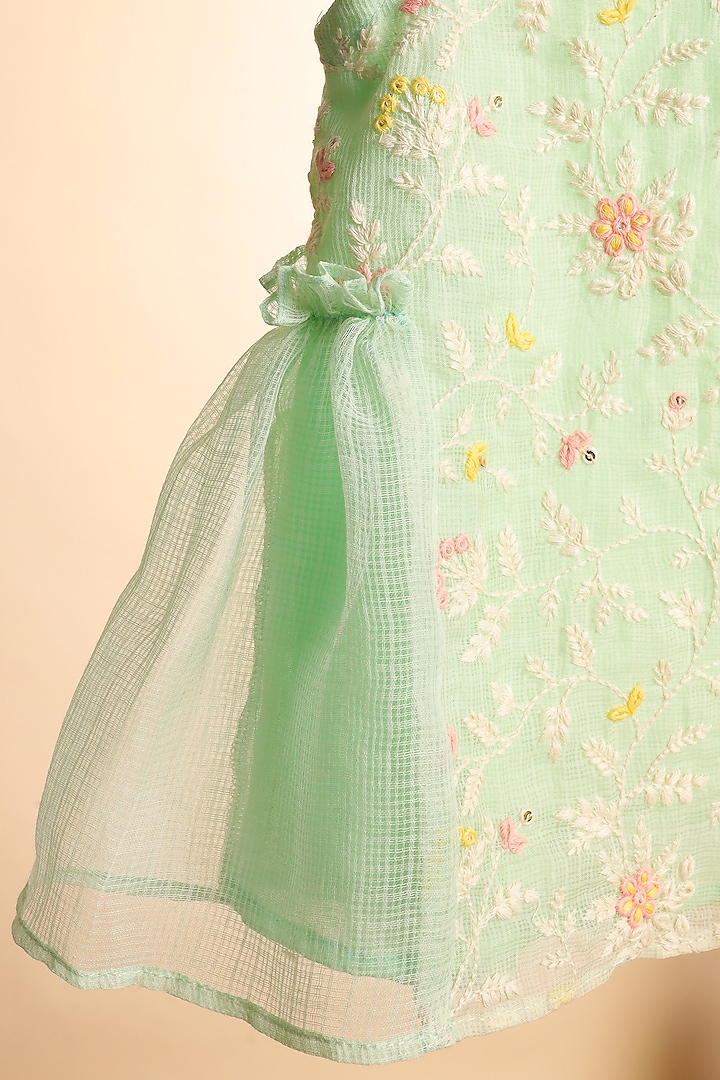 Mint Green Kota Checks Embroidered Kurta Set For Girls by Casa Ninos at Pernia's Pop Up Shop