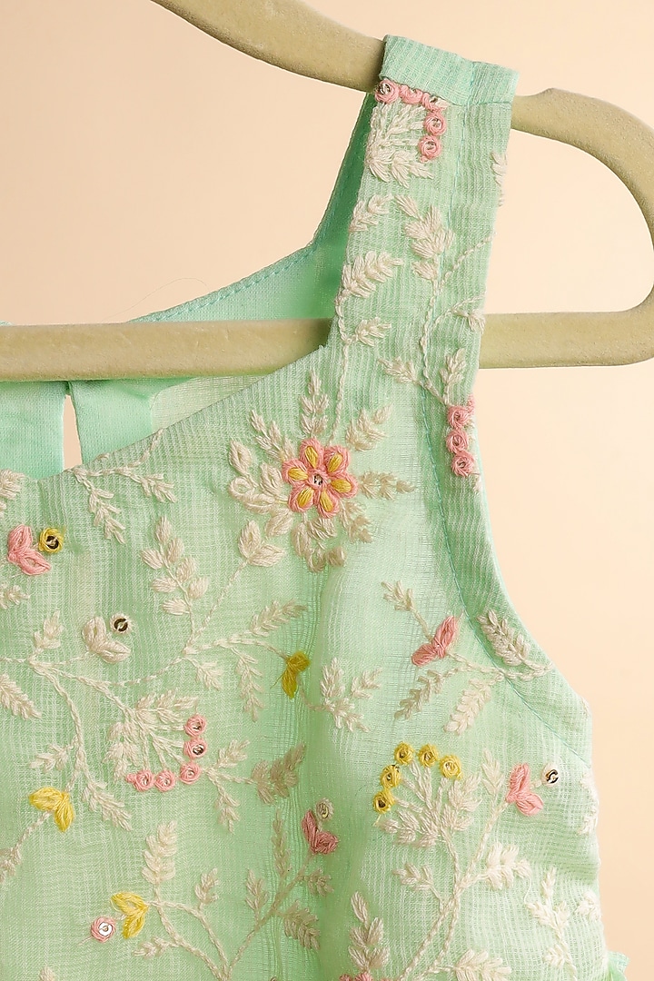 Mint Green Kota Checks Embroidered Kurta Set For Girls by Casa Ninos at Pernia's Pop Up Shop