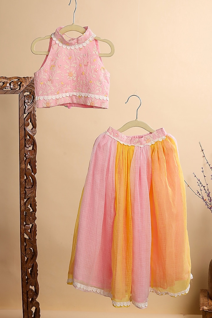 Multi-Colored Kota Checks Embroidered Lehenga Set For Girls by Casa Ninos at Pernia's Pop Up Shop