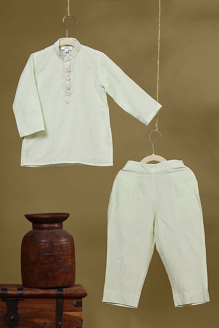 Mint Green Cotton Silk & Kota Checks Embroidered Kurta Set For Boys by Casa Ninos at Pernia's Pop Up Shop