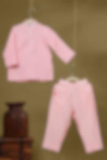 Pink Cotton Silk & Kota Checks Embroidered Kurta Set For Boys by Casa Ninos at Pernia's Pop Up Shop