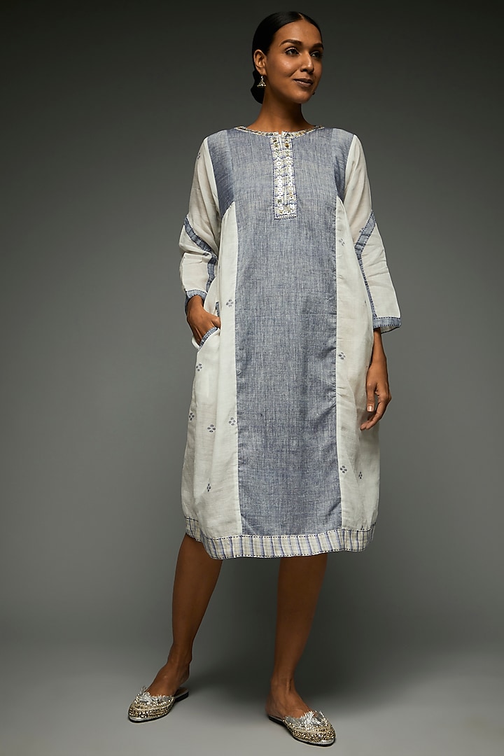 White & Blue Cotton Dress by THE WOVEN LAB