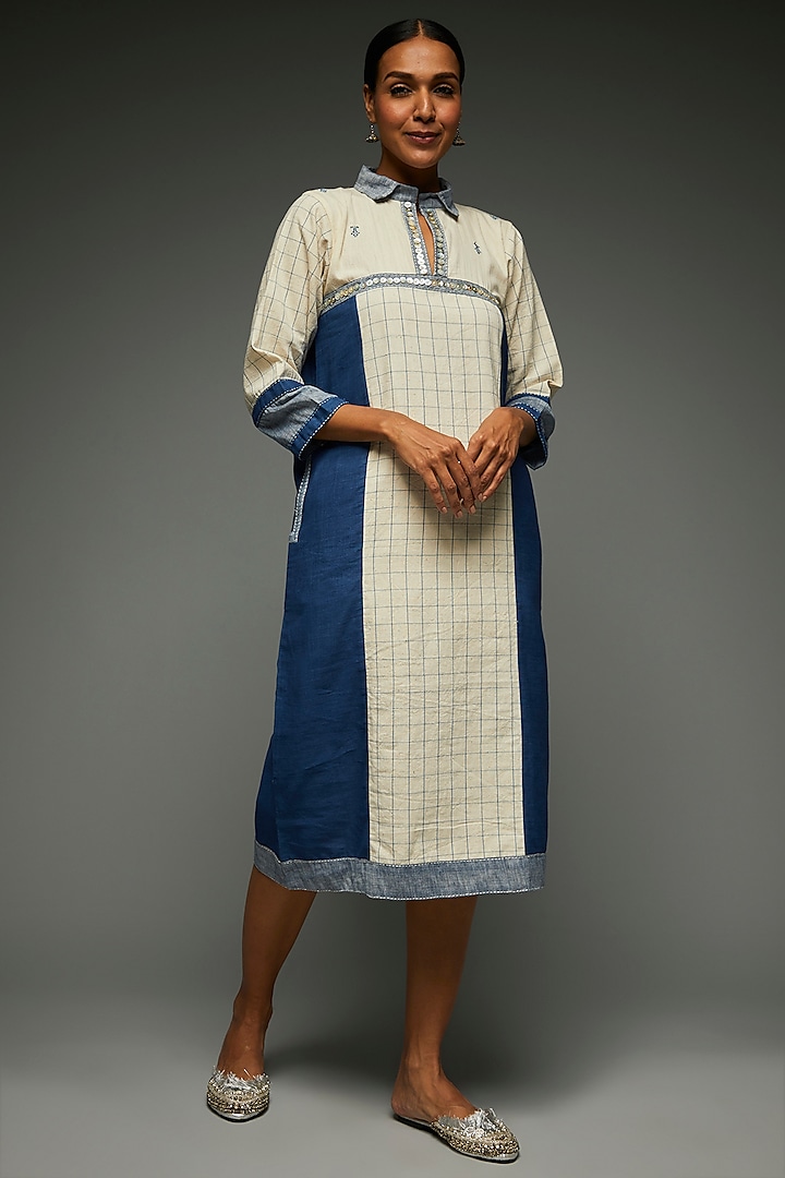 Ivory & Blue Cotton Dress by THE WOVEN LAB