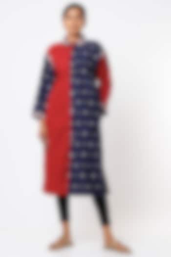 Midnight Blue & Red Ikat Handwoven Summer Shirt Dress by THE WOVEN LAB at Pernia's Pop Up Shop