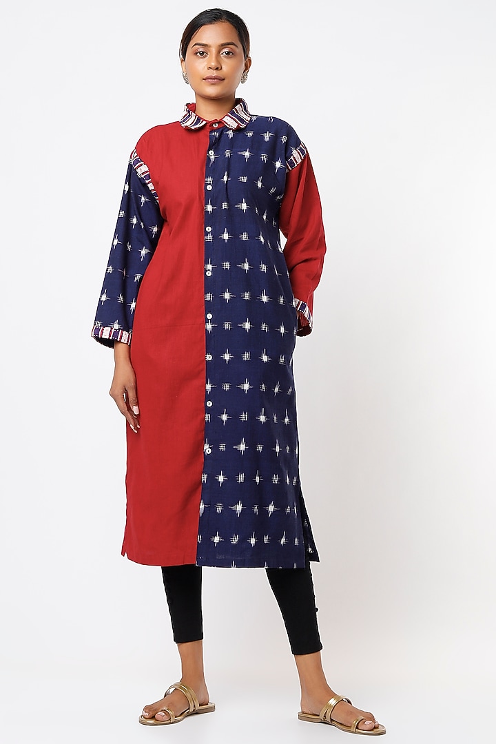 Midnight Blue & Red Ikat Handwoven Summer Shirt Dress by THE WOVEN LAB at Pernia's Pop Up Shop