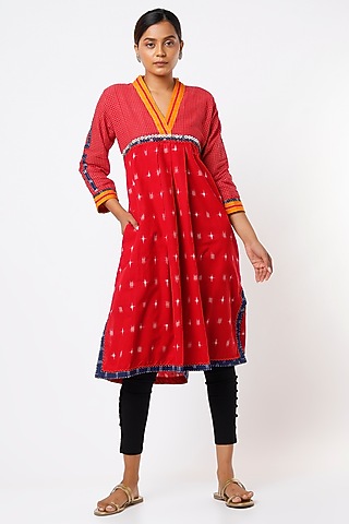 Red Handwoven Tunic Dress by THE WOVEN LAB